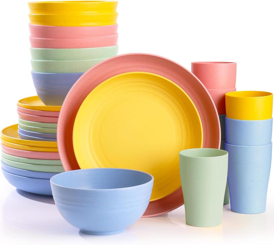 32 pcs Unbreakable Lightweight Wheat Straw Dinnerware Sets for 8, Reusable Kids Plates and Bowls Sets Non Toxic, Microwave and Dishwasher Safe Plastic Dishes Set, Camping RV Picnic Dishes (Pinnk, yellow, light green, blue)