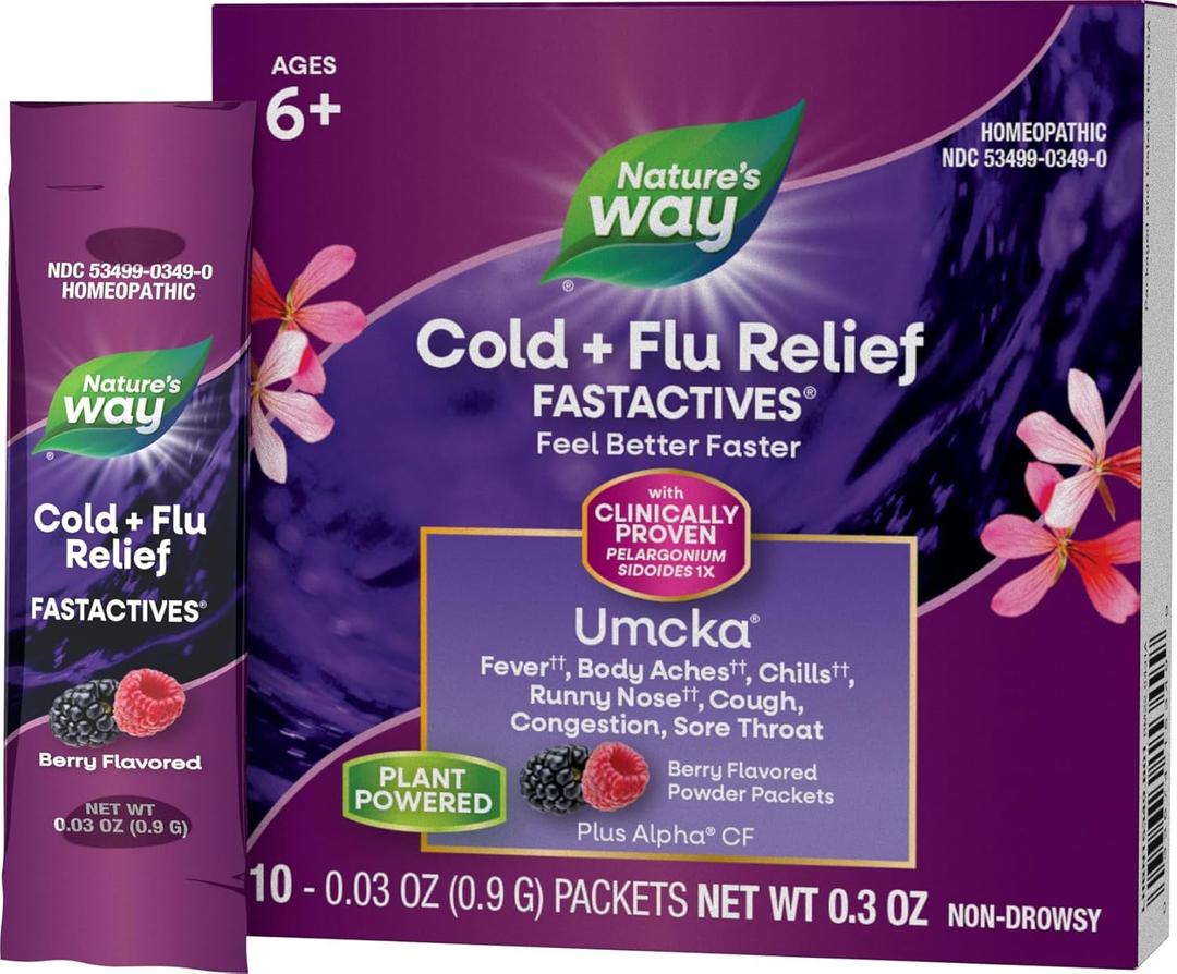 Nature's Way Cold + Flu Relief FastActives, Umcka, Homeopathic, Fever*, Sore Throat, Cough, Congestion, Phenylephrine Free, Non-Drowsy, Berry Flavored, 10 Packets (Packaging May Vary)