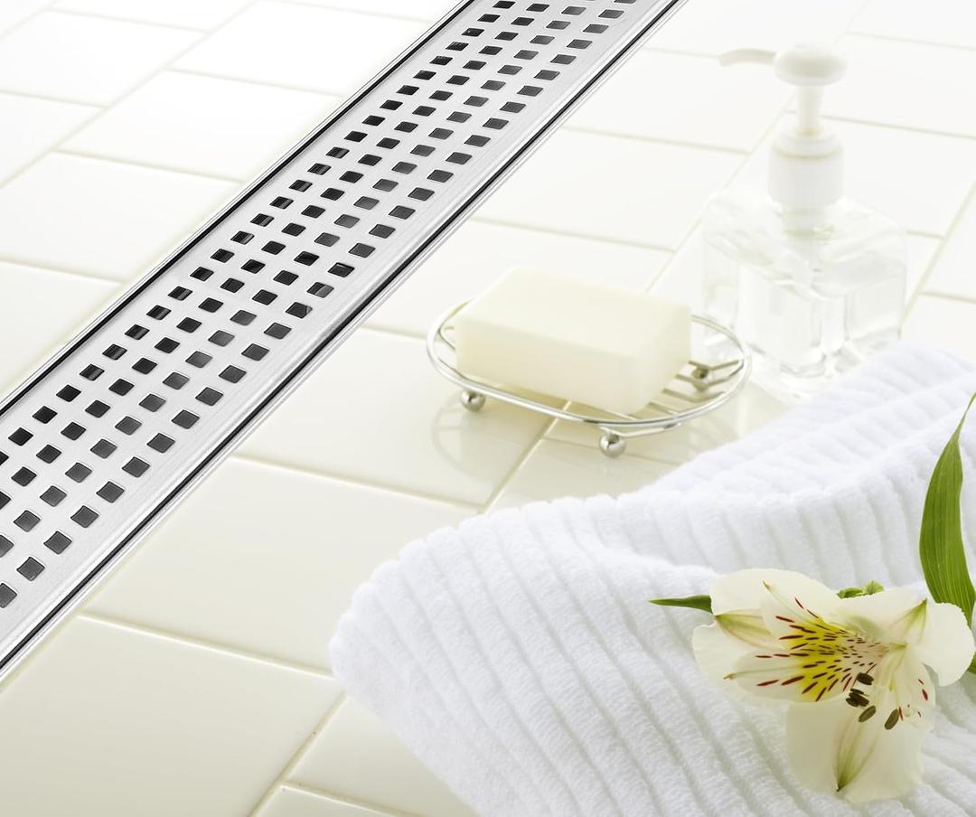 DreamDrains 32 in Stainless Steel Linear Shower Drain - Square Pattern Drain - Easy Installation Linear Drain Kit (Brushed Finish, 32 x 2.75 Inches)