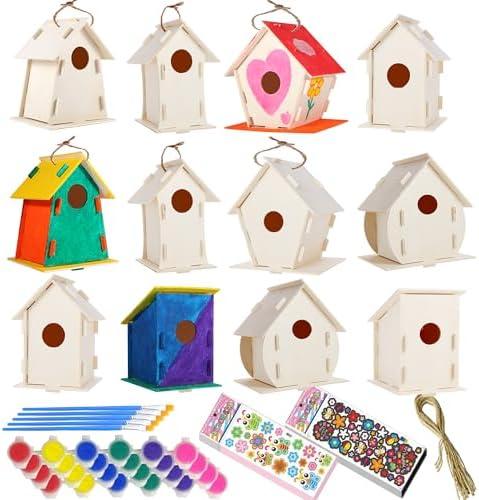 8 Pack Large DIY Bird Houses Kits for Kids, Kids Craft Kits Wood Houses for DIY Crafts Class Parties, 8 Birdhouse Kits with 8 Paint Strips & Paintbrushes & Stickers for Children to Build & Paint…