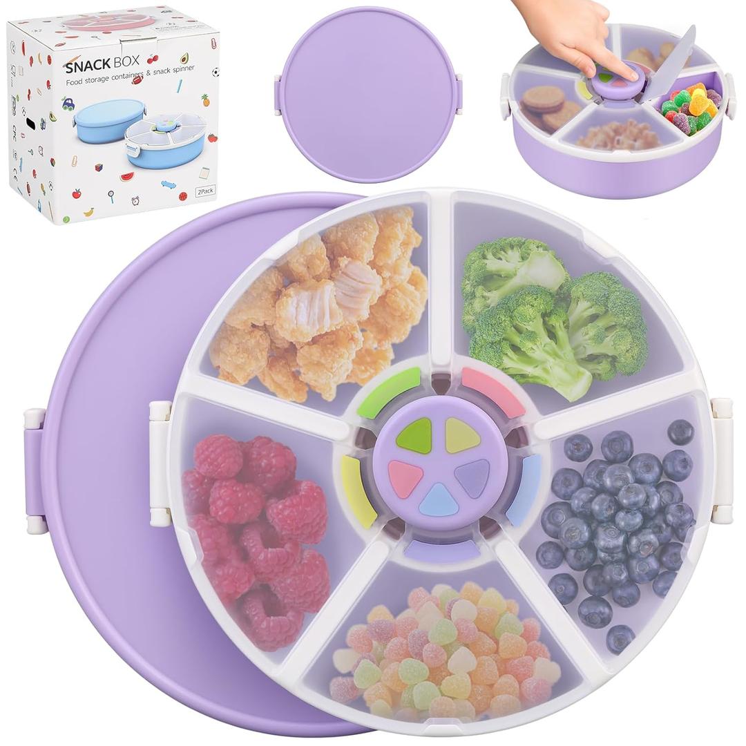 Kids Original Snack Spinner Bundle - Reusable Snack Container with 5 Compartment Dispenser and Lid | BPA and PVC Free | Dishwasher Safe | No Spill, Leakproof, for Toddlers, School (Purple-2Pack)