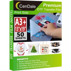 CenDale Premium DTF Transfer Film 13"x19" - A3 Plus 50 Sheets Double-Sided Matte Clear PreTreat Sheets PET Heat Transfer Paper for DIY Direct Print on All Fabric and Colors T-Shirts Textile