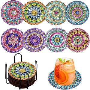 Diamond Painting Coasters Kit with Holder,Wooden Pad + Acrylic Board Double Layer is Strong and Wear-Resistant,Mandala DIY Diamond Art Coasters, Family Entertainment Art Craft Supplies Gift (CS12)