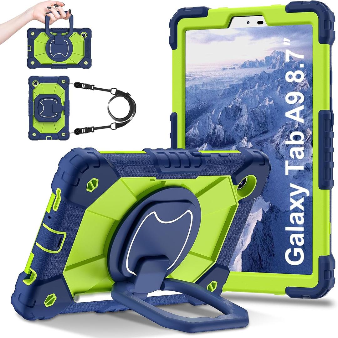 for Samsung Galaxy Tab A9 8.7-Inch 2023 Case,(No Tab A9+ Plus) 360 Rotating Stand Shoulder Strap Heavy Duty Shockproof Protective Silicone Case (Navy Blue Green, Tab A9 8.7")