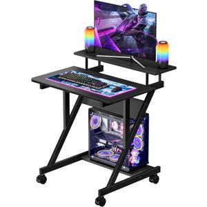 Dripex Computer Desk for Small Spaces, 27.5 inch Small Computer Desk, 3 Tier Compact Desk with Monitor Shelf and Bottom Storage Shelves, Space Saving Desk, Black