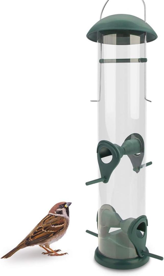Green Grain Bird Feeder 12 Inches - With 4 Landing Spots for Birds - Hanging Bird Feeding Station - Grains Feeding Column - Wild Bird Feed Silo - Tube Bird Feeders for Outdoors Hanging