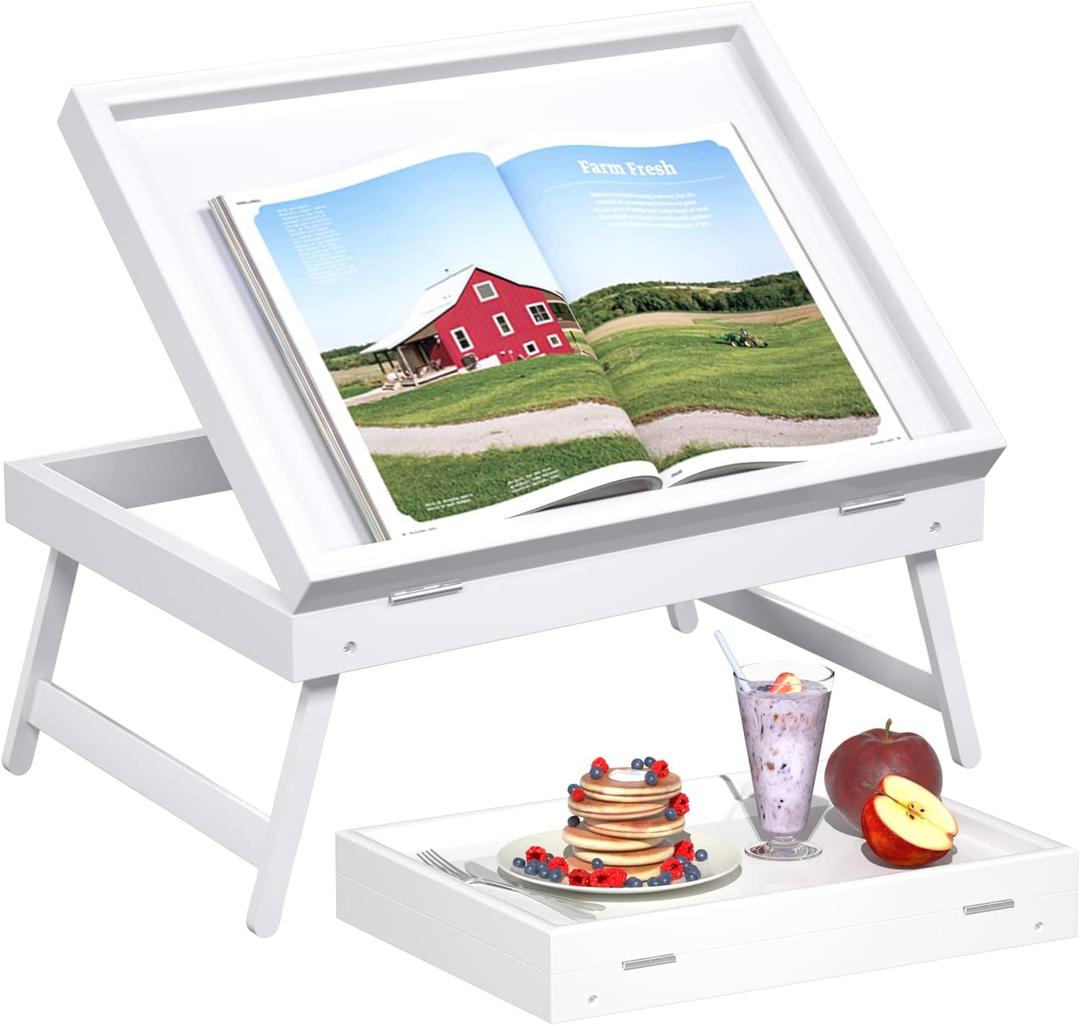 Bed Tray Table Breakfast Food Tray with Folding Legs Serving Tray for Computer Laptop Desk Bed Platters TV Snack Tray by Artmeer (White, Medium)