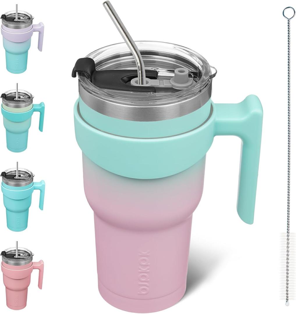 BJPKPK 30 oz Tumbler with Handle & Straw, Insulated Stainless Steel Mug | Double Wall Vacuum, Keeps Hot/Cold, Thermal Cup, BPA Free, Dishwasher Safe, Cupholder Fit, Coffee & Travel, Bubble Gum (EXP 12/31/36)