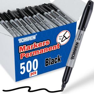 TOMPEN Black Permanent Markers Bulk Fine Tip 500 Pack,Use for Halloween,Waterproof Permanent Marker Pens with Quick Drying on Wood,Plastic,Paper,Metal,Mirror for Office School Classroom Home
