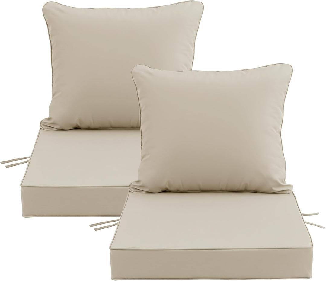 22x22 Inch Patio Chair Cushions Set of 2, Outdoor Furniture Cushions - Removable Cover, Water-Repellent, Fade-Resistant, Non-Slip Bottom & Straps, Replacement for Lawn, Porch & Deck Chair - Cream