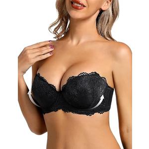 Push Up Strapless Bra with Clear Straps Heavily Padded Add 2 Cup Multiway Sexy Lace Balconette Size 34 D