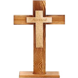 Wood Standing Cross,Christians Spiritual Religious Jesus Cross Wall Art,Handmade Nature Wooden Blessed,Tabletop for Church Home Decor Wood Crucifix