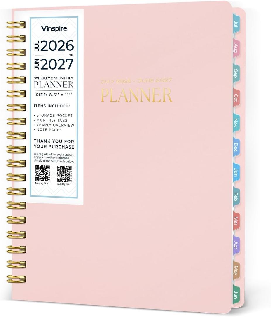2 x Vinspire 2026 Planner - Yearly, Monthly, and Weekly Planner 2026-2027 for Teachers & Students - Spiral US Academic Year Student Calendar Planners with Notes Pages 2026 Planner Weekly and Monthly - Large (Pink, 8.5"11")