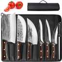 ZENG 8 Pieces Butcher Knife Set with Roll Bag, Chef Knife Set for Meat Cleaver Cutting & Viking Knives with Ergonomic Handles, Stainless Steel Hand Forged Kitchen Knife Set for Home, Cooking, Camping