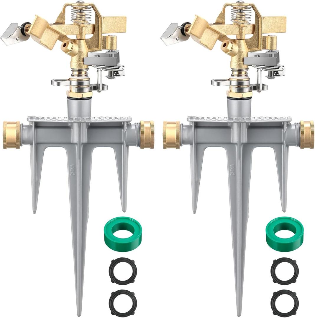2 Pack Brass Impact Sprinklers for Yard Adjustable Lawn Sprinkler with Heavy Duty Brass Head and Aluminum Spike Base Tape Lawn Equipment for Large Area Yard Patio Garden Irrigation