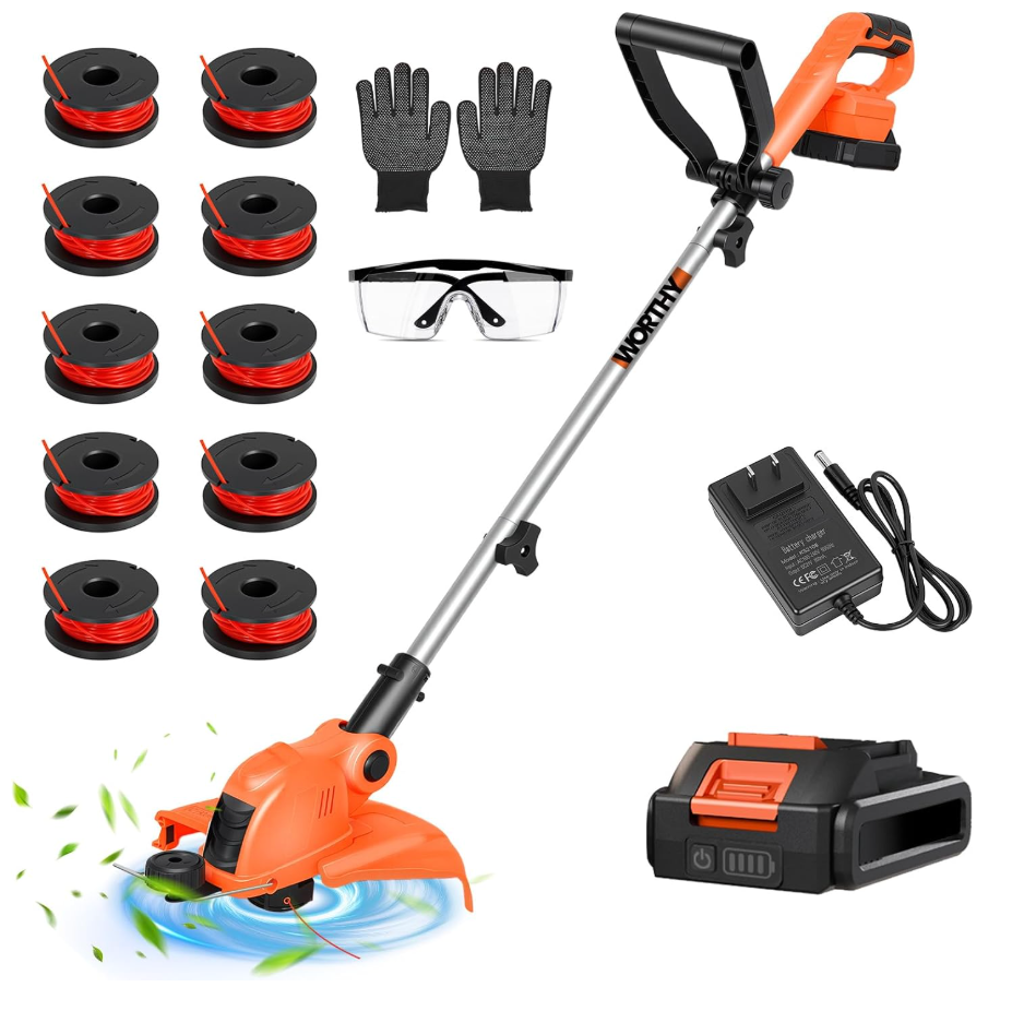 Cordles Weed Wacker, 21V Electric Weed Eater Battery Powered, No String Trimmer with Wheels & Metal Blades, Lightweight Grass Trimmer/Lawn Edger/Brush Cutter, Stringless Weed Trimmer for Yard Garden