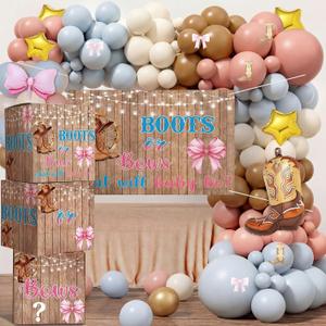 Boots and Bows Gender Reveal Balloons Arch Decorations Kit, 150 Pcs What Will Baby Be Boy or Girl Gender Reveal Party Supplies 4 Western Cowboy or Cowgirl Balloon Box and Stickers He or She Backdrop