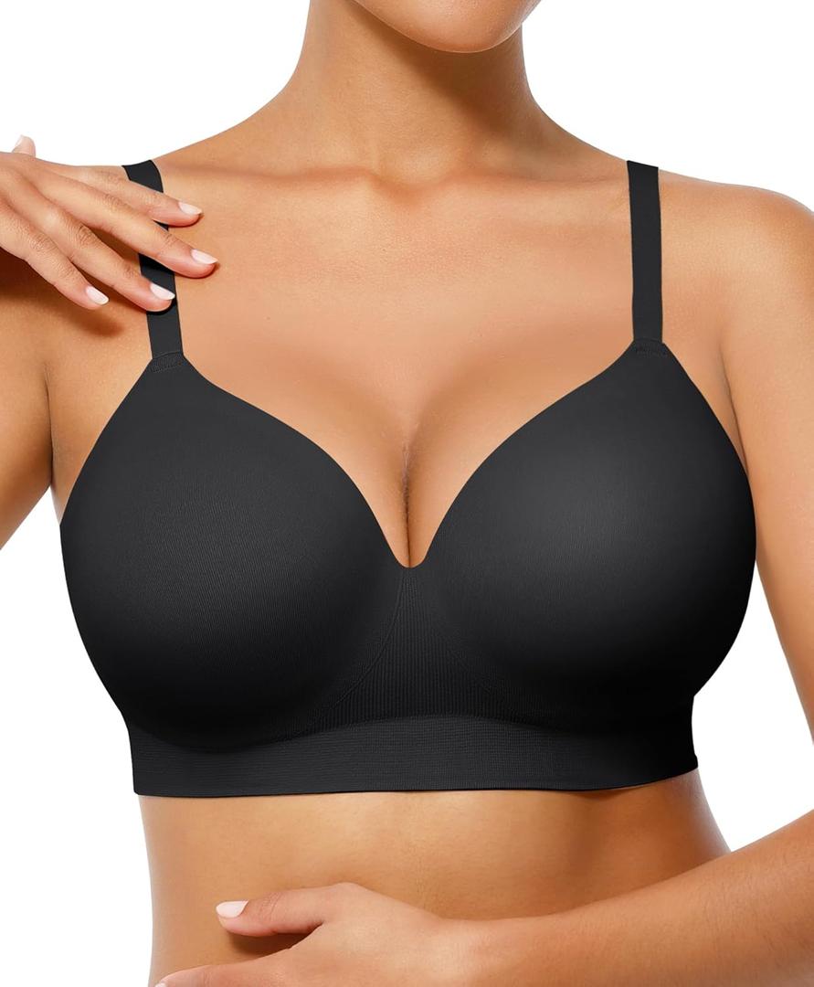 FeelinGirl Wireless Supportive Bra for Women, Seamless Comfort Bralettes No Underwire Full Coverage Everyday Bras (Large, Black)