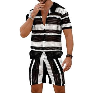 Verdusa Men's Knitted 2 Piece Outfitd Short Sleeve Hollow Out Button Up Shirt M