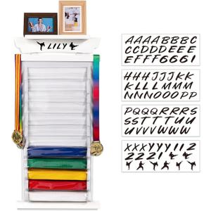 Tilhumt 10/12 Belts Karate Belt Display Rack with Photo Shelf, Felt Taekwondo Belt Display Rack Martial Arts Belt Display for Adults TKD, BJJ (White)