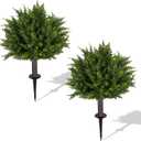 24.5 Inch Set of 2 Topiary Cedar Trees Artificial Outdoor,UV Resistant Shrubs Artificial Outdoor Plants,Artificial Bushes for Outdoors with Ground Spike for Spring Porch Decor2PCS