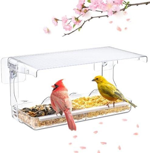 SUNALLY Window Bird Feeder for Outdoors, Clear Birds Feeders Window Mounted with Self-Adhesive Hooks, Outside Wild Bird Watching for Hummingbird,Finch in Garden, Yard, Elderly Kids Viewing