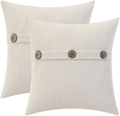 HWY 50 Beige Chenille Throw Pillow Covers 16x16 Inch with Triple Buttons, Soft Farmhouse Accent Decorative Cushion Cases for Couch Sofa Bed Bedroom Pack of 2