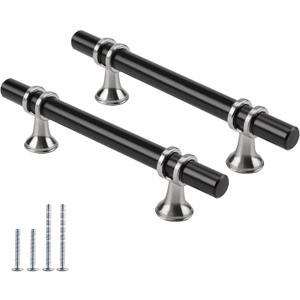 Rergy 5 Pack 3-3/4 Inch Black and Brushed Nickel Cabinet Pulls Heavy-Duty Kitchen Cabinet Handles, Rust-Resistant and Durable Drawer Pulls Zinc Alloy Hardware for Cupboard,Closet,Cabinets (Hole Center: 3-3/4in(96mm))