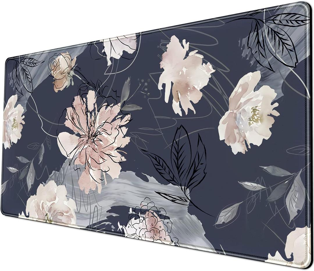 XL Mouse pad Gaming Mouse Pad (31.5x15.7 in), Large Non-Slip Base Mousepad with Stitched Edges, Waterproof Keyboard Mouse Mat Desk Pad for Work Blue and Grey Pink White Peony  (A- Navy Blue)