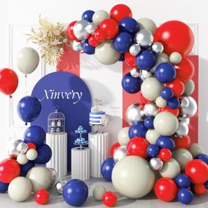 Red Blue Balloon Garland Kit, 18/12/10/5 inch Blue Red Chrome Silver and Sand White Party Balloon Arch Kit for Baby Shower Graduation Baseball Super Hero Birthday National Day 4th of July Decorations