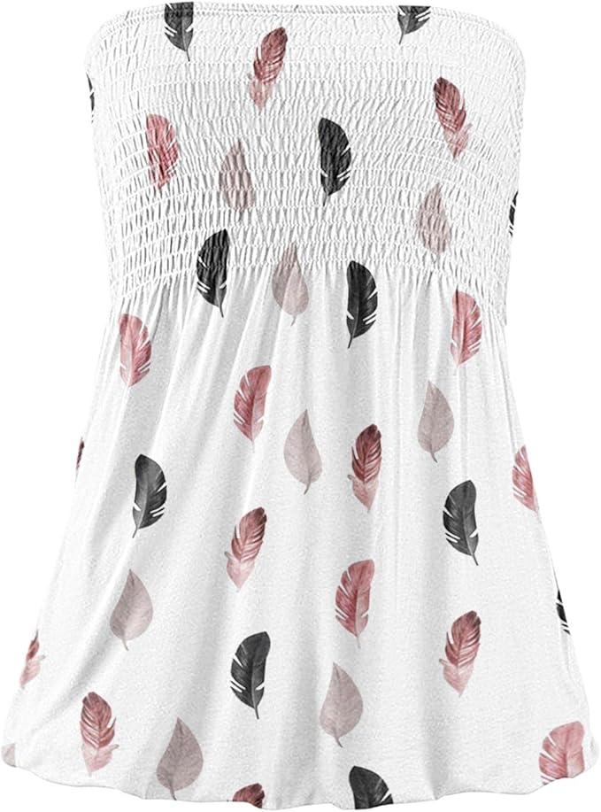 NILOINE Women Pleated Ruffled Backless Tube Tops Sleeveless Smocked Bandeau Tank Summer Floral Print Strapless Shirts (S, White Feather)