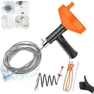 Drain Snake Auger 33 Feet, Plumbing Snake Drain Hair Clog Removal Tool, Heavy Duty Toilet Snake Auger, Sink Unclogger Drain Cleaner Tool for Bathroom Kitchen Tub Shower Drain Clog Remover with Gloves