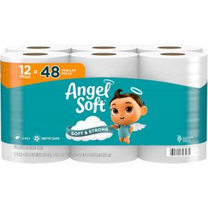 Angel Soft Toilet Paper, 12 Mega Rolls = 48 Regular Rolls, Soft and Strong Toilet Tissue