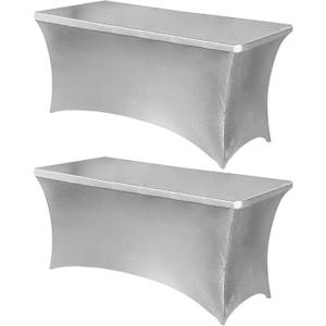 Obstal 6ft Stretch Spandex Table Cover for Standard Folding Tables - Universal Rectangular Fitted Tablecloth Protector for Wedding, Banquet and Party, 72L x 30W x 30H Inches, Stamping Silver, 2pc