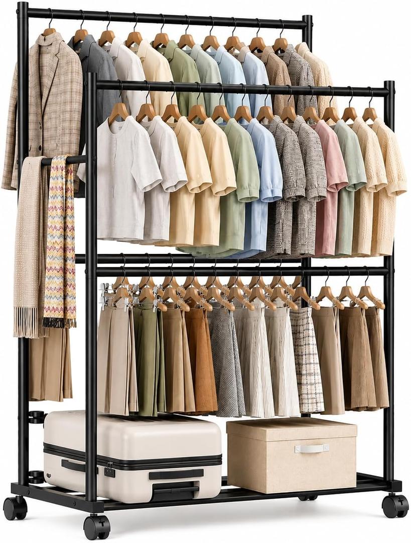 Clothes Rack - 36.2" x 21.3" x 72", 4-Bar Double Rod Rolling Metal Clothing Rack for Hanging Clothes, Portable Garment Rack with Wheels for Bedroom Laundry, Closet Wardrobe, Black