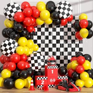 Race Car Balloon Garland Arch Kit with 2 Checkered Foil Fringe Curtains - Cars Wheels Balloons in 18 12 10 Inch Sizes for Two Fast Racing Cars Birthday Party Decorations Supplies