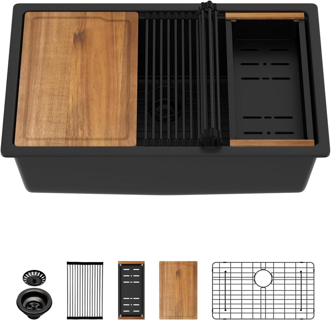 30 Black Undermount Granite Composite Kitchen Sink with Luxury Accessories, 30"x19"x10"