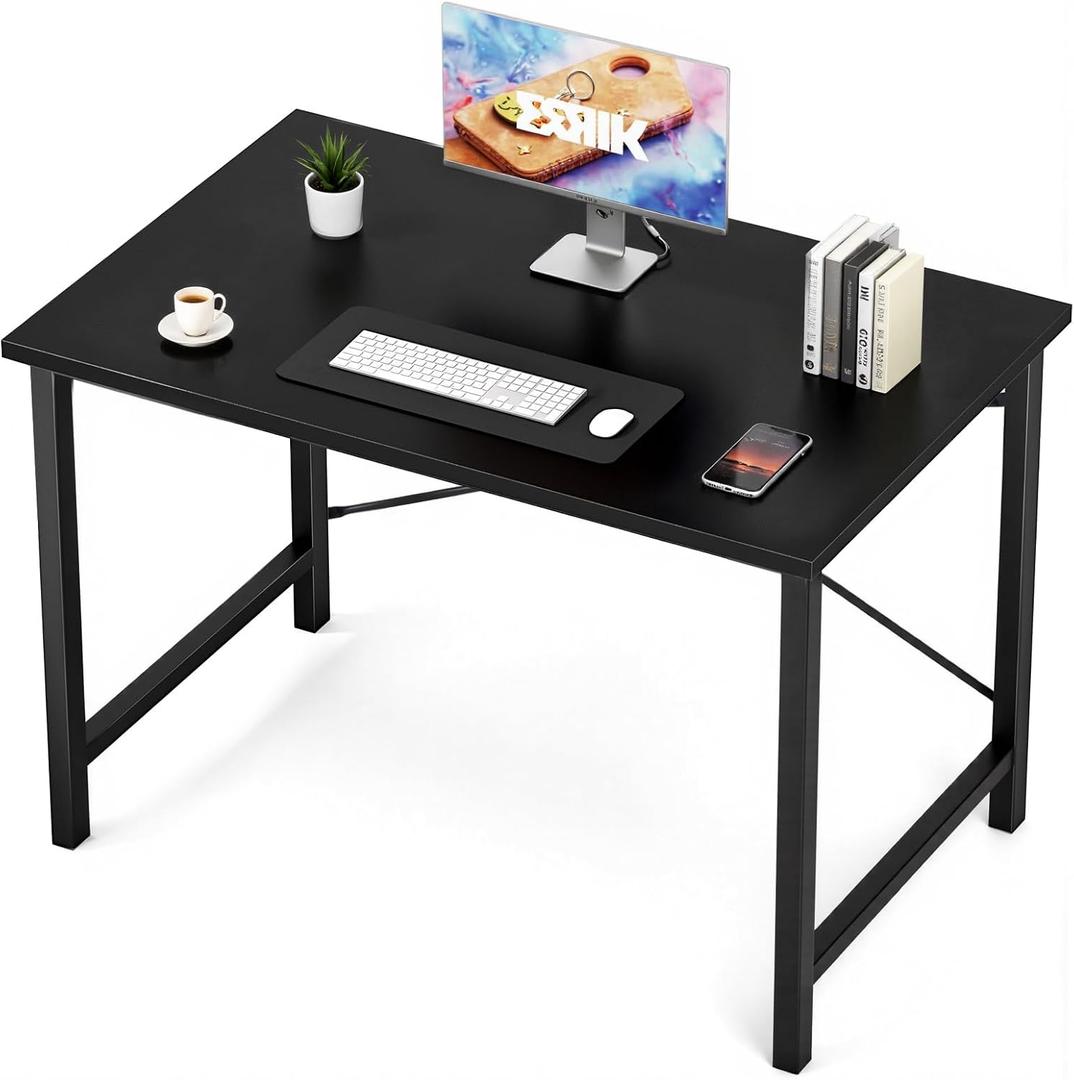 Sweetcrispy Small Computer Desk, 40" Office Writing Desk with Metal Frame & Wooden Top, X-Shaped Reinforcement, Student Study Workstation for Home Bedroom, Black