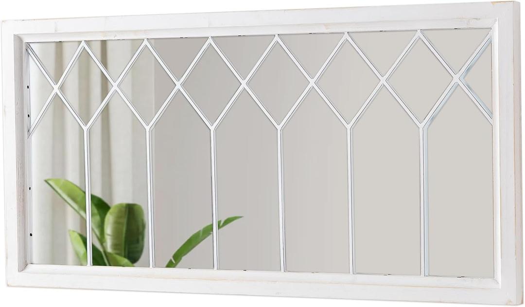 Rectangular Window Mirrors for Wall Decor 20 X 40 Inch, Distressed White Farmhouse Wooden Window Pane Mirror for Living Room, Rustic Horizontal Long Mirrors for Hallway Entryway