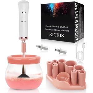 RICRIS Electric Makeup Brush Cleaner and Dryer Machine - Super Fast Clean and Dry Make Up Brushes - Automatic Cosmetic Brush Spinner Washer Tools (White-Peach)