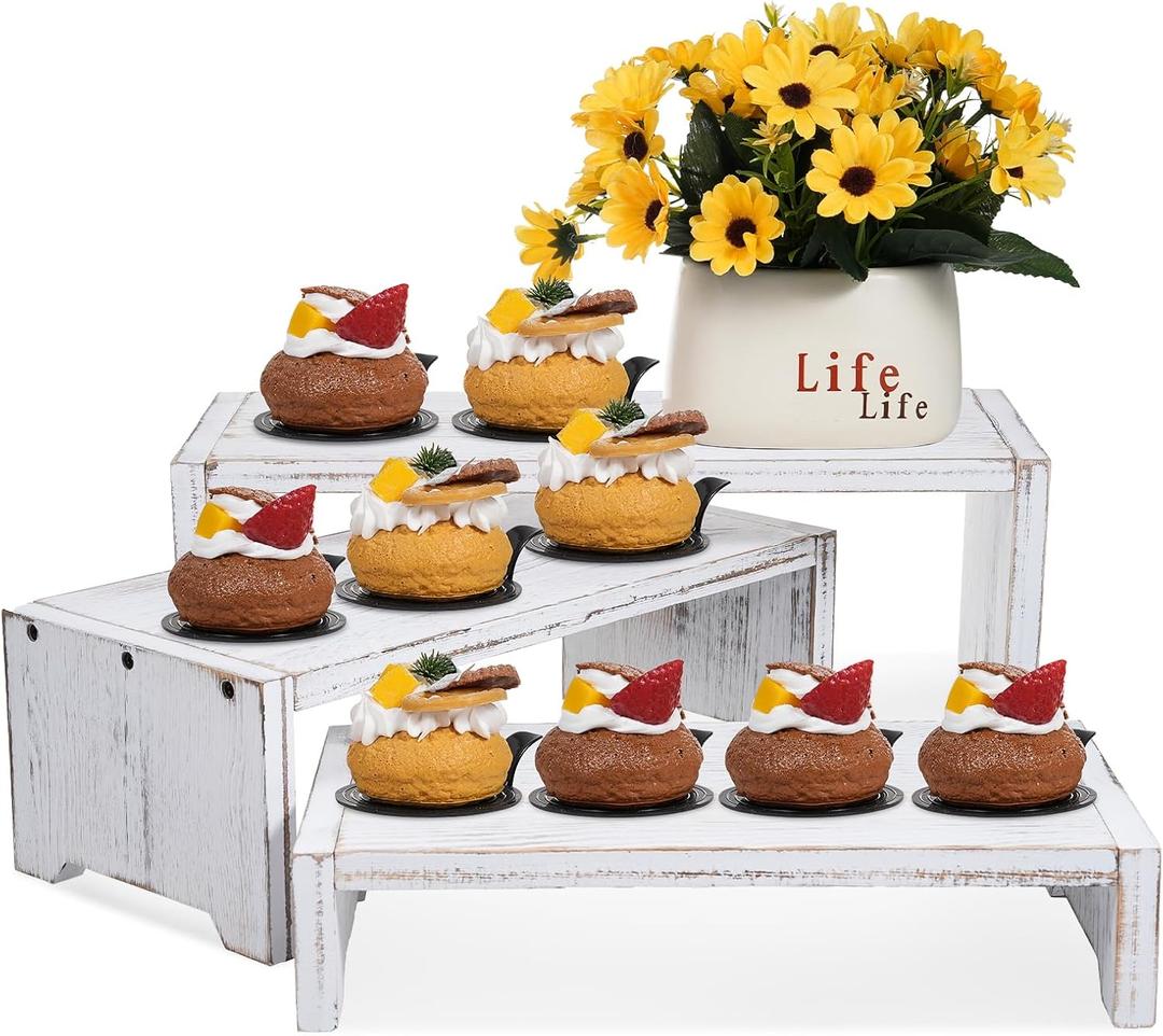 3-Tier Wooden Cupcake Stand & Display Risers, Multi-Tier Display Stand for Food, Desserts, & Collections (White)