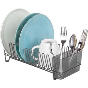 mDesign Steel Compact Dish Drying Rack w/Removable Cutlery Tray, Caddy, Dish Drainer, Rack for Kitchen Counter, Sink; Holds Dishes, Utensil, Board; Concerto Collection, Graphite Gray/Smoke Gray (Graphite/Smoke)