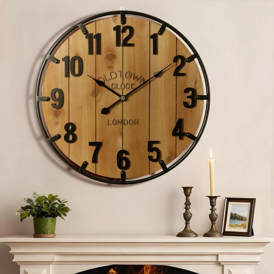 Vantic Farmhouse 30 Inch Extra Large Decorative Wall Clock with Metal Circlee, Oversized Wood Wall Clock with Large Arabic Numeral for Living Room, Bedrooms and Offices, Silent and Battery Operated (Brown)