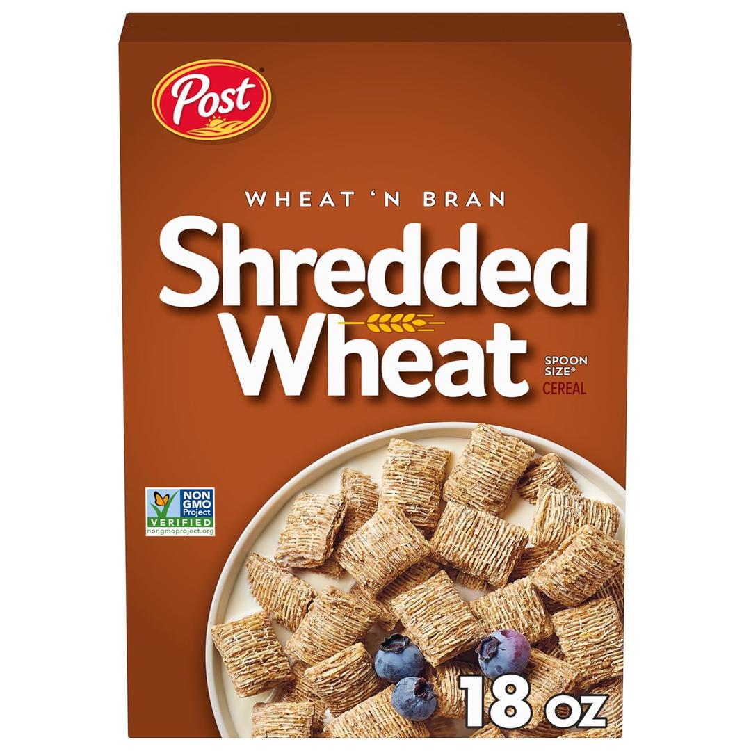 Post Wheat n Bran Shredded Wheat, Breakfast Cereal, Excellent Source of Fiber, Kosher 18 Ounce, BBD 12/16/2026