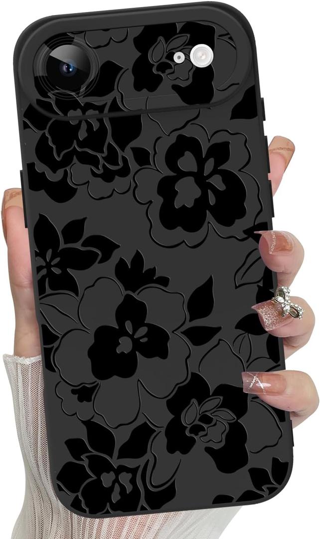 MZELQ for iPhone Air Case 2025, Silicone Rose Floral Flower Cute Pattern, Camera Protection Soft Slim Phone Cover for Girls Women -Black