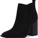 Womens Pointed Toe Slip on Ankle Booties Stacked Mid Block Heel Shoes Faux Leather Boots Black Size 6