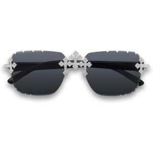 Iced-Out Triple Cross Sunglasses  Frameless Diamond-Cut Luxury Shades for Men & Women | UV400 Hip-Hop Eyewear (Gun Black Silver)