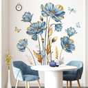decalmile Large Blue Flower Wall Stickers Floral Butterfly Plants Gold Leaves Wall Decals Bedroom Living Room Sofa TV Background Wall Decor