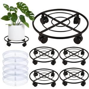 5 Packs Large Metal Plant Caddy 13.5" Heavy-duty Plant Dolly with PU Wheels Wrought Iron Rolling Plant Stand with Casters Indoor Outdoor Plant Pot Movers Planter Rollers Coaster Trolley, Black