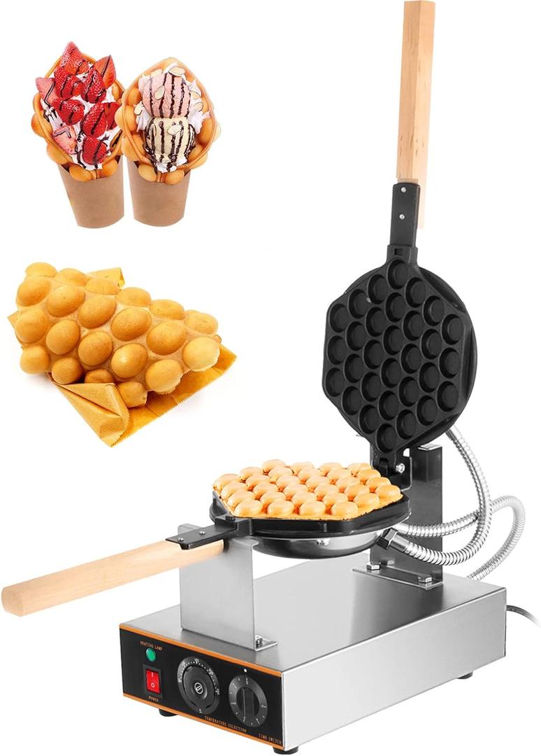 VEVOR Commercial Bubble Waffle Maker, 1400W Egg Bubble Puff Iron w/ 180 Rotatable 2 Pans & Wooden Handles, Stainless Steel Baker w/Non-Stick Teflon Coating, 50-250/122-482 Adjustable